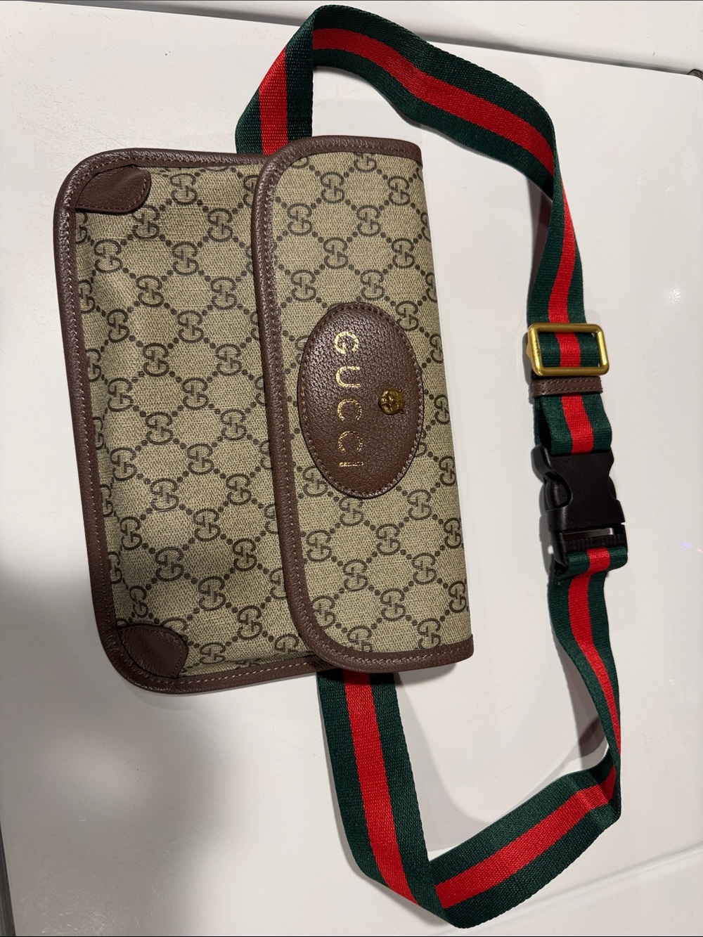 Gucci Beige GG Canvas Belt Bag with Brown Leather and Green-Red Web Strap